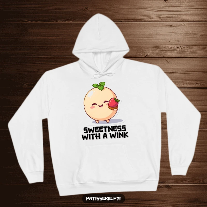 Funny macaron bird hoodie, winking macaron character, offering small tart, comfortable and sweet design, humorous food apparel.