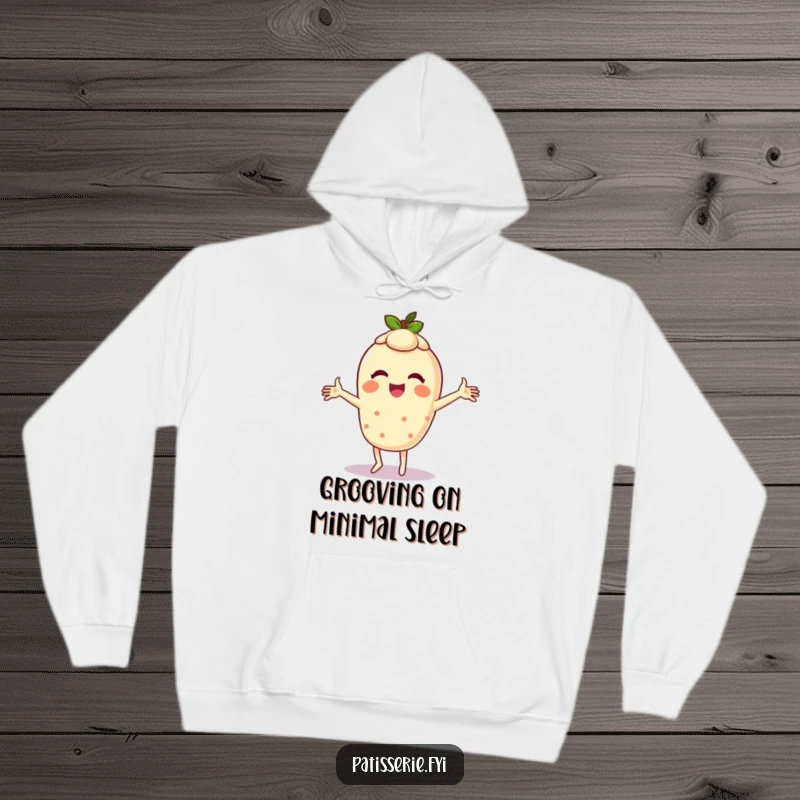 Funny hoodie featuring a giggling tart character doing a silly dance with arms spinning rapidly, exuding pure fun.