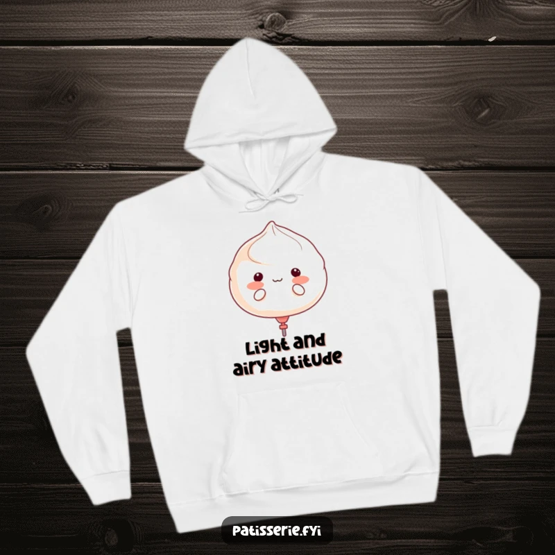 Funny meringue character puffed cheeks like a balloon, ready to float away, featured on a cozy hoodie.