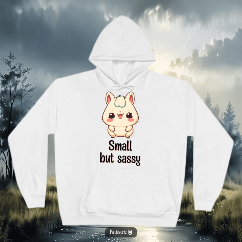 Funny hoodie featuring a petit four character sticking its tongue out, offering cheeky comfort and pastry fun.