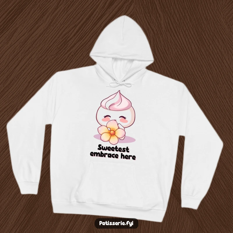 Funny Meringue Kiss Hoodie featuring a happy meringue giving a soft kiss to a flower petal, cozy and funny gift.