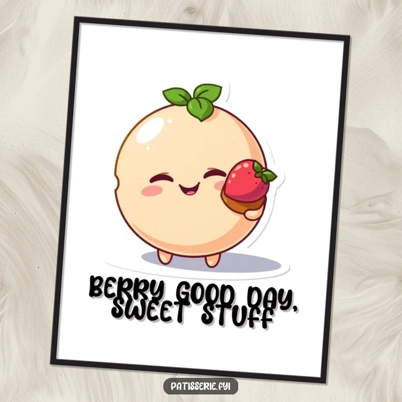 Funny Free Printable Wall Art: A cute macaron character winking while offering a small, delectable strawberry tart.