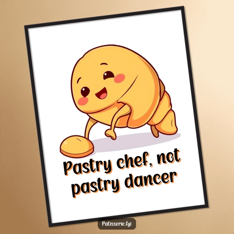 Funny Free Printable Wall Art: Smiling croissant character tripping comically over its own pastry feet. Whimsical downloadable art.