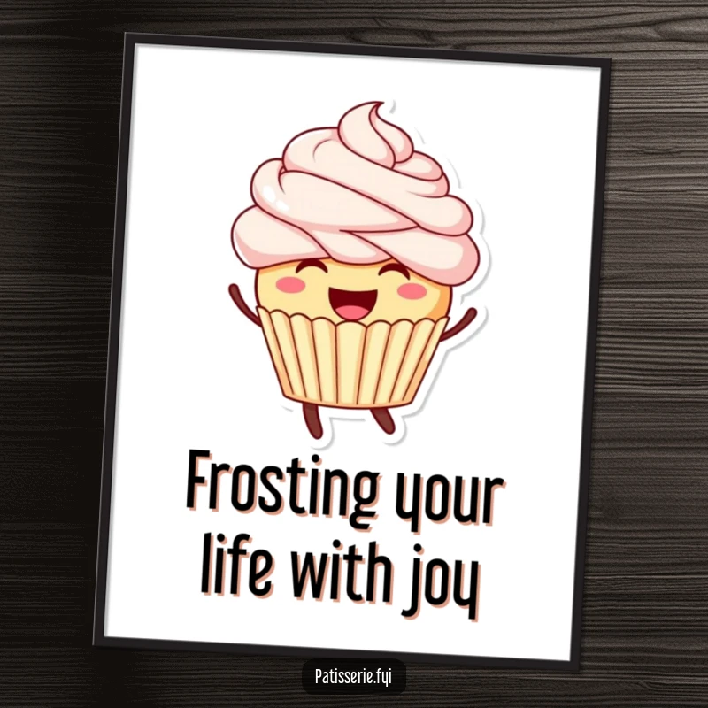 Funny Free Printable Wall Art: A smiling cupcake with vibrant frosting hair leaping energetically, spreading cheer.