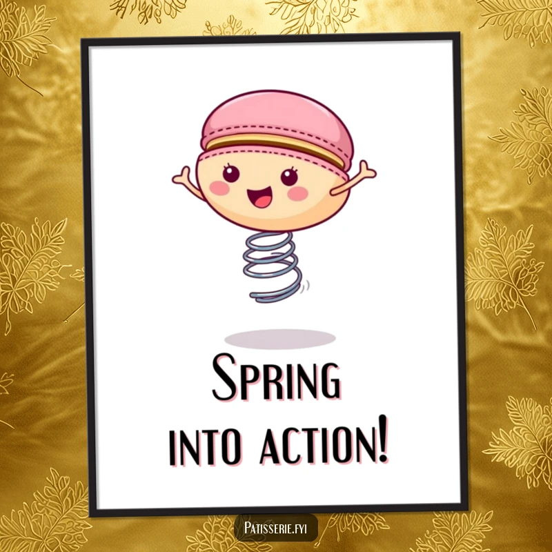 Funny Free Printable Wall Art: A cheerful macaron is captured mid-bounce on a spring, radiating pure joy.