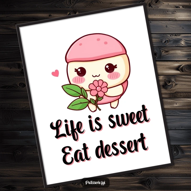 Funny Free Printable Wall Art: A macaron character with rosy cheeks, blushing and holding a flower, adding sweet, humorous charm to decor.