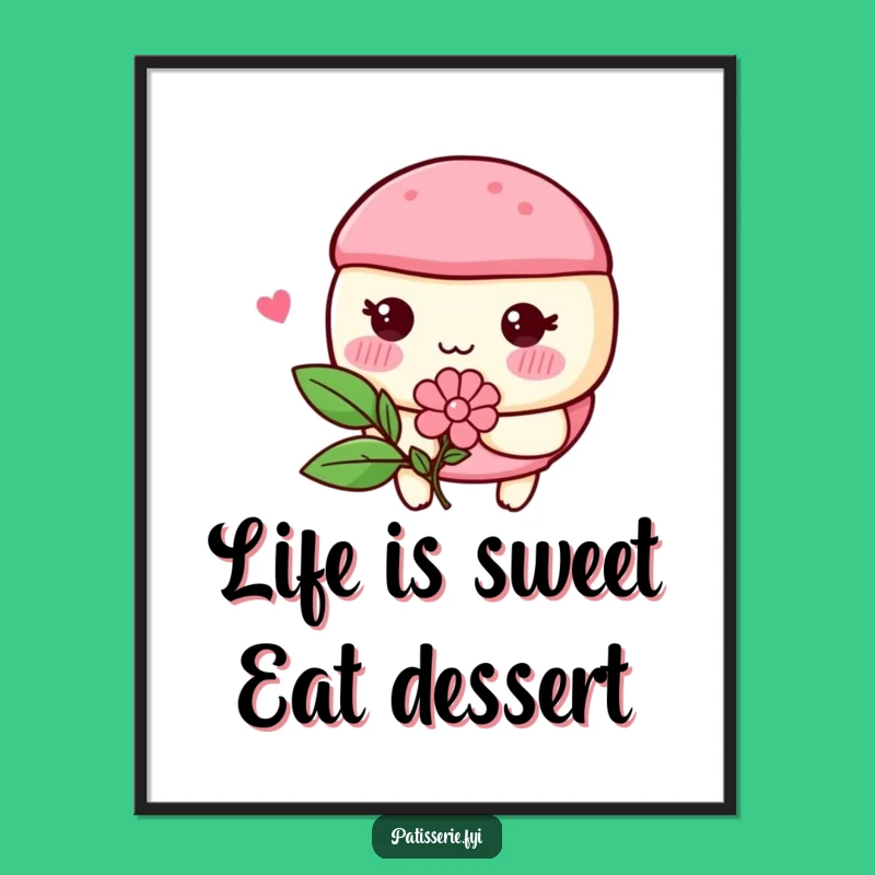 Free Printable Wall Art: Blushing Macaron Holding Flower, Charming Downloadable Art for Sweet Decor