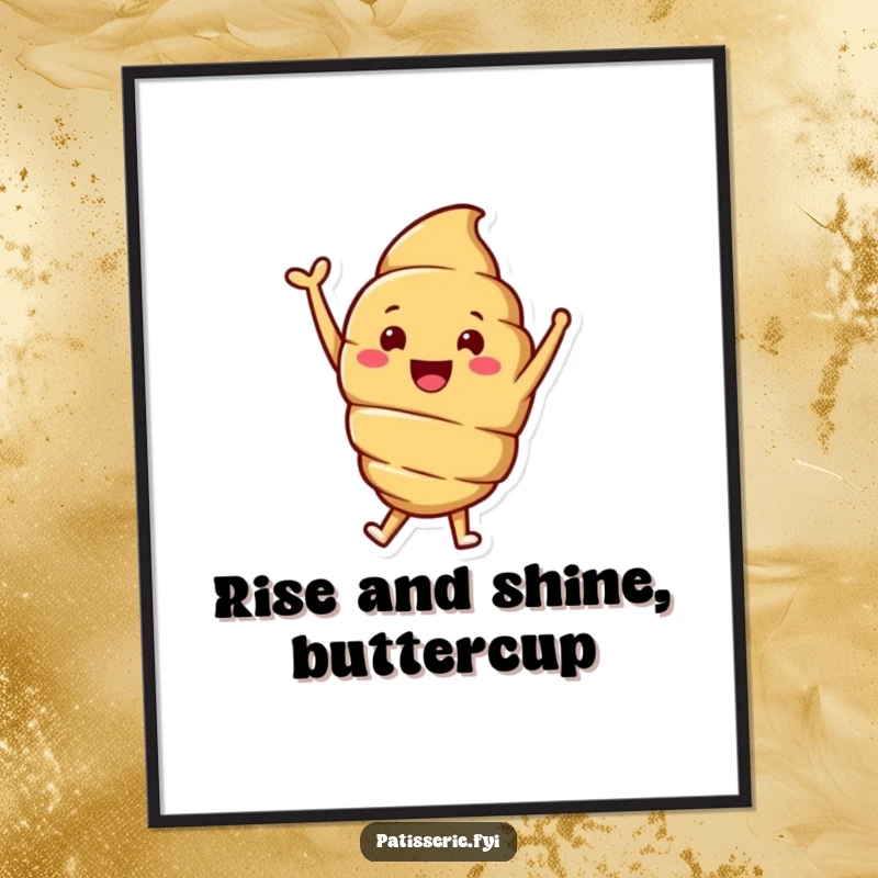 Funny Free Printable Wall Art: A smiling croissant character captured mid-jump with one arm joyfully raised.
