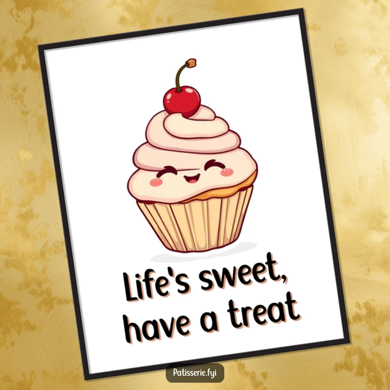 Funny Free Printable Wall Art: A cheerful cupcake character winking charmingly while holding a bright cherry overhead.
