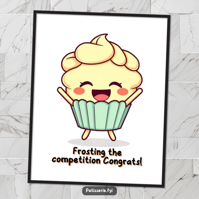 Funny Free Printable Wall Art: A smiling cupcake with frosting hair leaps joyfully, creating a sweet and humorous focal point.