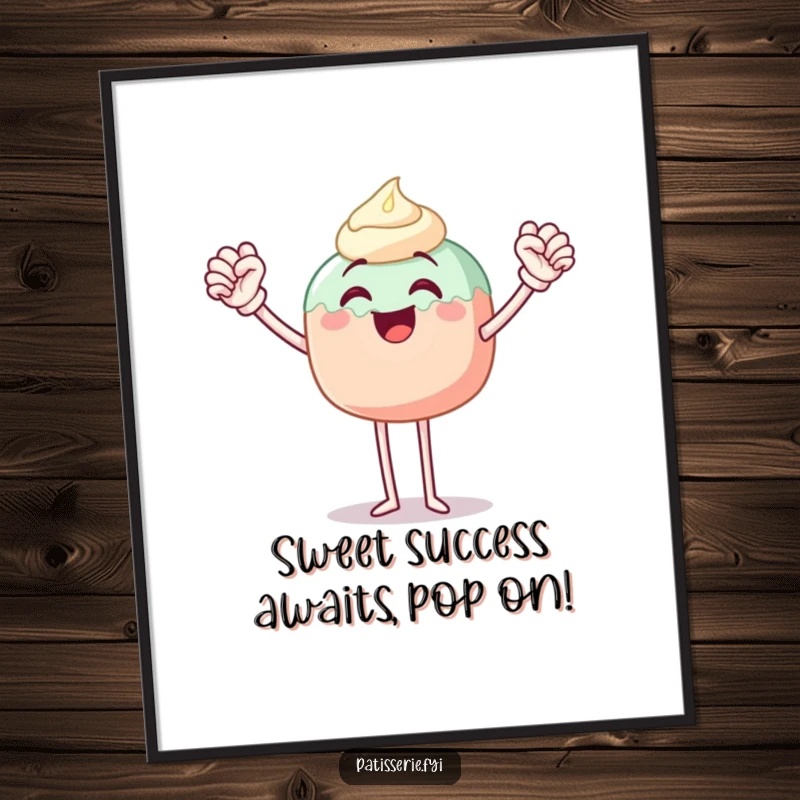 Funny Free Printable Wall Art: A joyous cake pop character with legs triumphantly pumps a fist in the air.