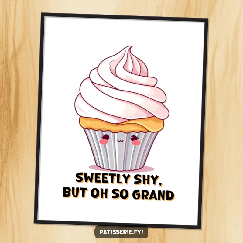 Funny Free Printable Wall Art: Cute shy cupcake character peeking out from under a giant swirl of whipped cream.