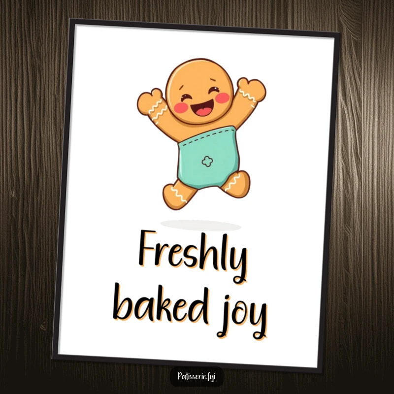 Funny Free Printable Wall Art of a grinning gingerbread man joyfully jumping from an oven mitt, creating a fun and cheerful scene.