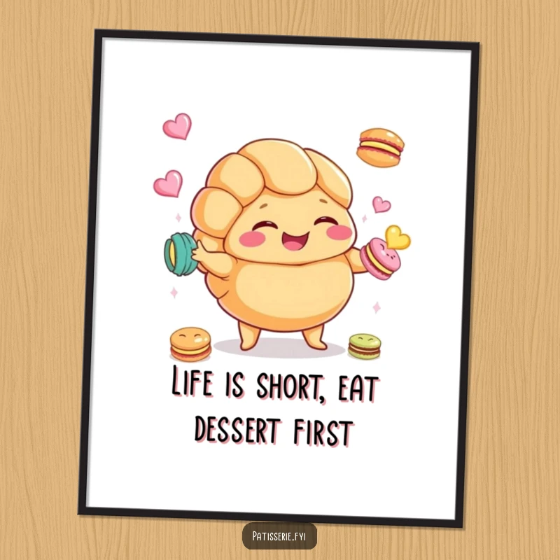 Funny Free Printable Wall Art: A plump croissant character giggles while skillfully juggling tiny macarons, creating a cheerful scene.