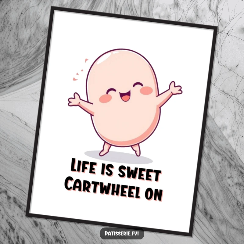 Funny Free Printable Wall Art: Chubby macaron character mid-cartwheel, exuding pure joy and playful energy, perfect decor.