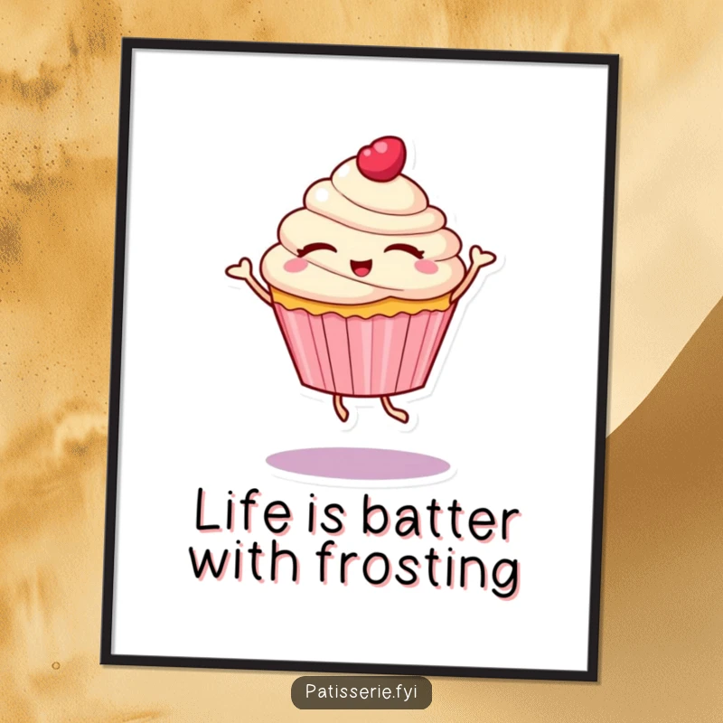 Funny free printable wall art of a cupcake character with eyes closed, spinning in a delightful dance, adding a playful vibe.