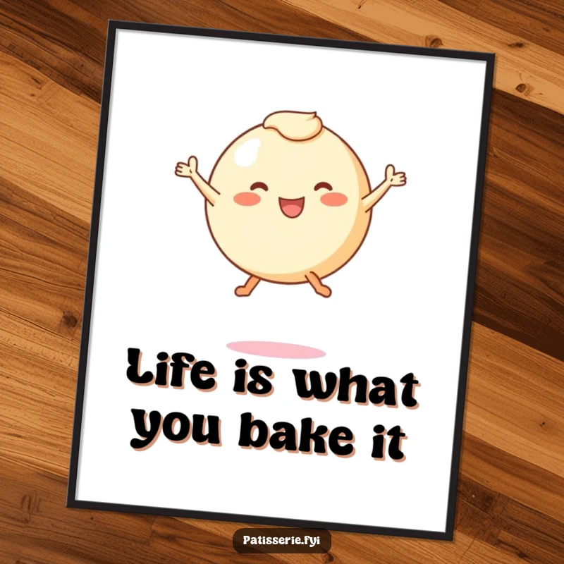 Funny free printable wall art of a round pastry character with tiny legs joyfully leaping mid-air, bringing energy to any room.