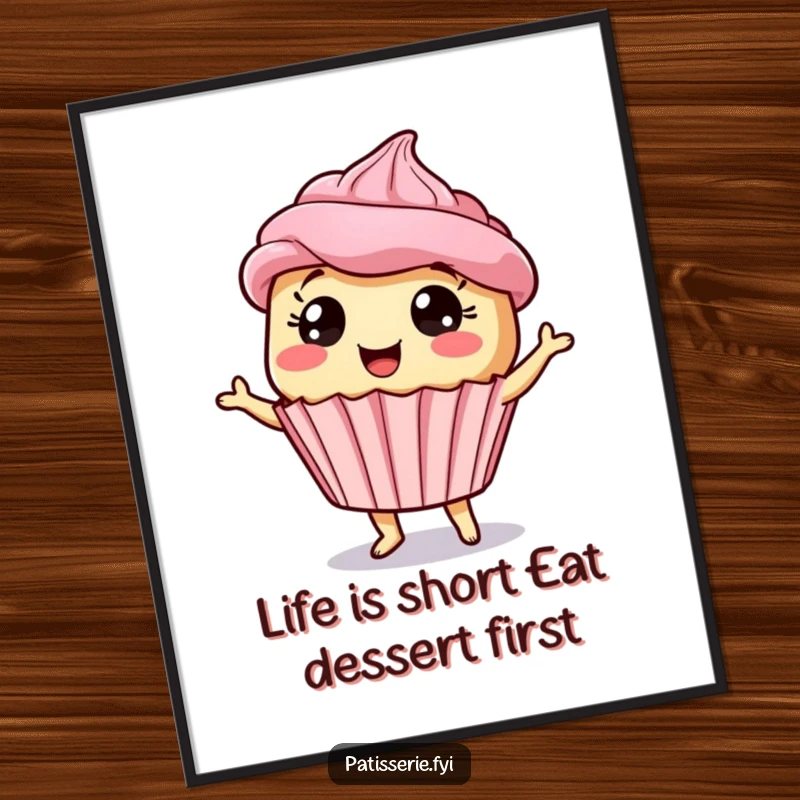 Funny Free Printable Cupcake Wall Art: A giddy cupcake with wide eyes doing a silly dance with pure joy