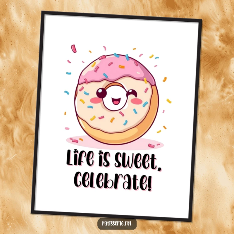 Funny Free Printable Wall Art: A happy donut adorned with sprinkles is captured throwing a celebratory confetti shower.