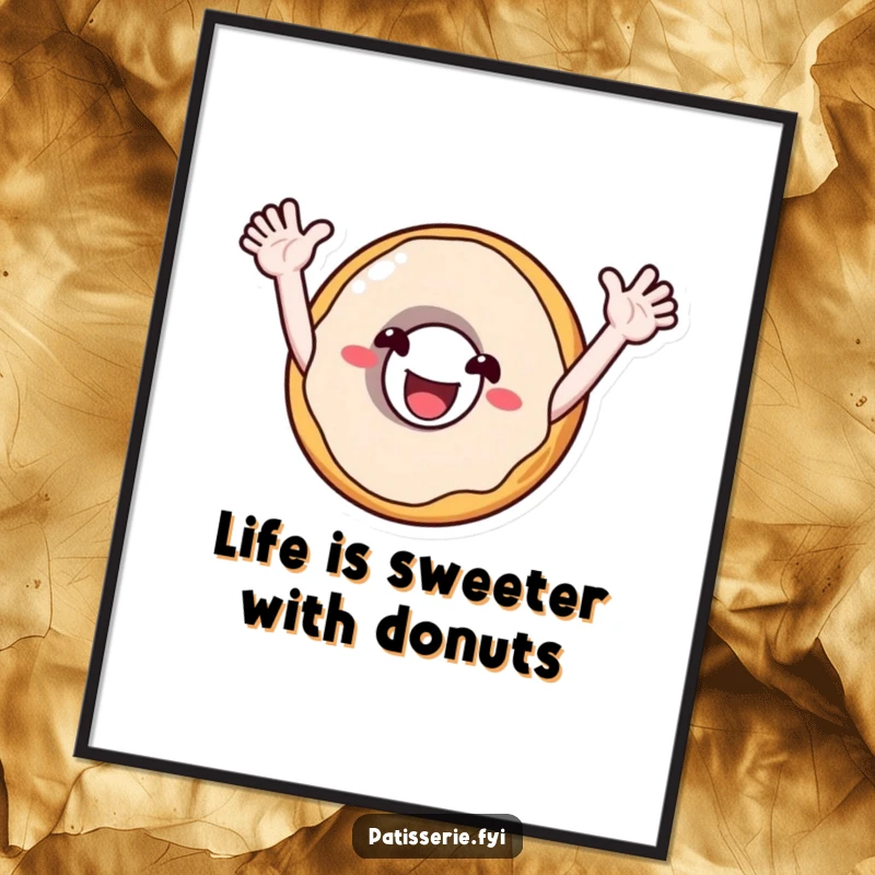 Funny free printable wall art of a smiling donut character with arms outstretched, cheering enthusiastically, adding joy to your space.