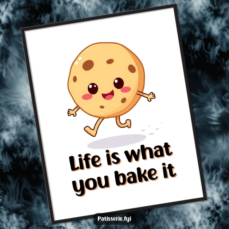 Funny Free Printable Cookie Wall Art: A cheerful cookie character happily skipping with a trail of sugar sprinkles behind