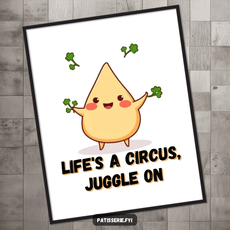 Funny Free Printable Wall Art: A cheerful samosa joyfully juggling three tiny cilantro sprigs, full of life.