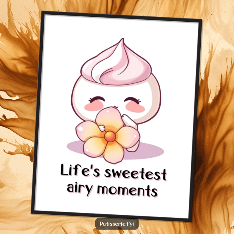 Funny Free Printable Wall Art: A meringue sharing a tender kiss with a flower petal, bringing soft beauty to decor.