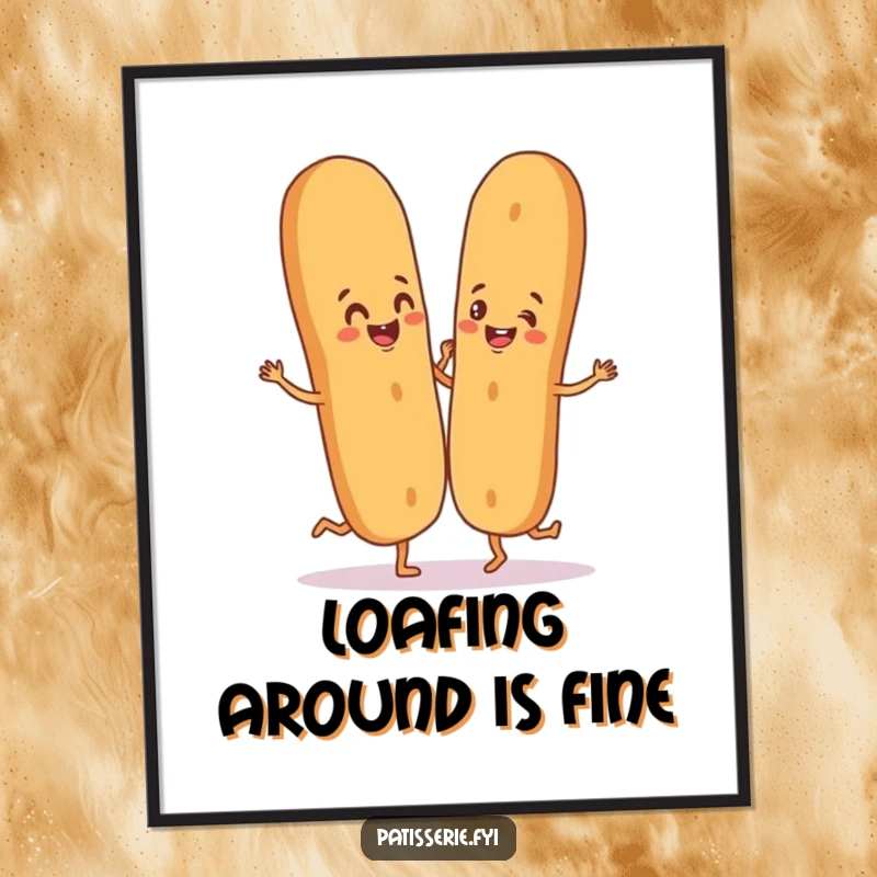 Funny Free Printable Wall Art of a happy baguette character doing a silly dance with a breadstick partner, creating a cheerful scene.