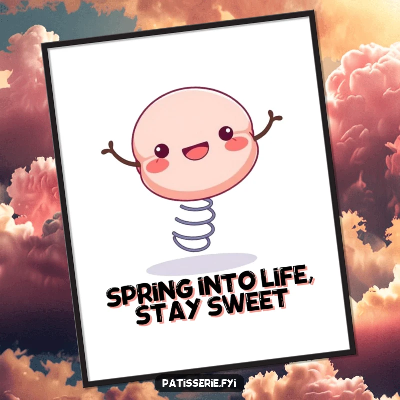 Funny Free Printable Wall Art: A cheerful macaron joyfully bouncing high on a spring, adding playful decor.