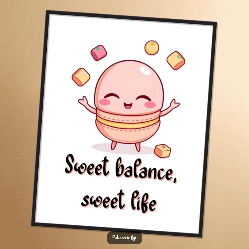 Funny Free Printable Wall Art: A winking macaron balancing three tiny sugar cubes in a playful juggling act.