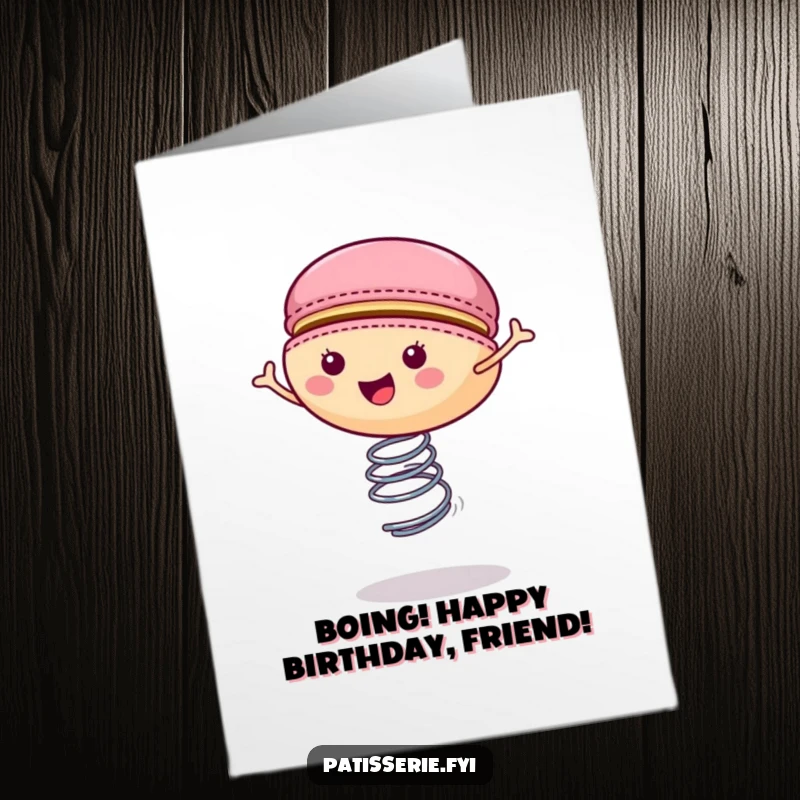Funny Free Printable Birthday Card: A cheerful macaron enthusiastically bounces sky-high on its spring for a happy celebration.