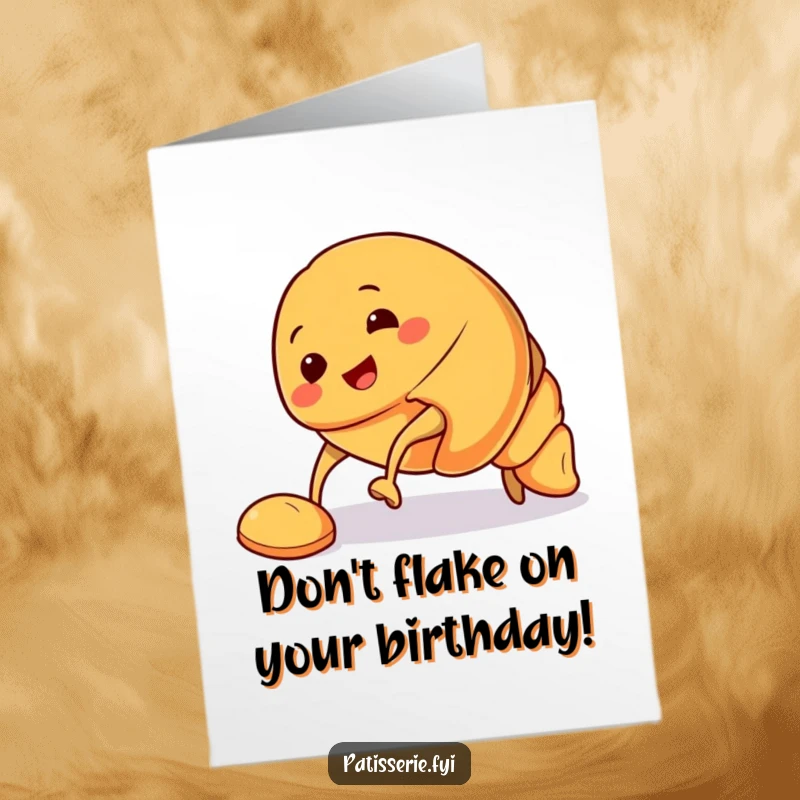 Funny Free Printable Birthday Card: Smiling croissant character tripping over its own pastry feet, wishing happy birthday. Downloadable.