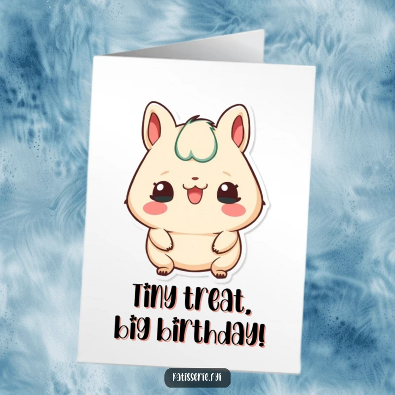 Funny Free Printable Birthday Card: Petit four character playfully sticking its tongue out with a cheeky expression.