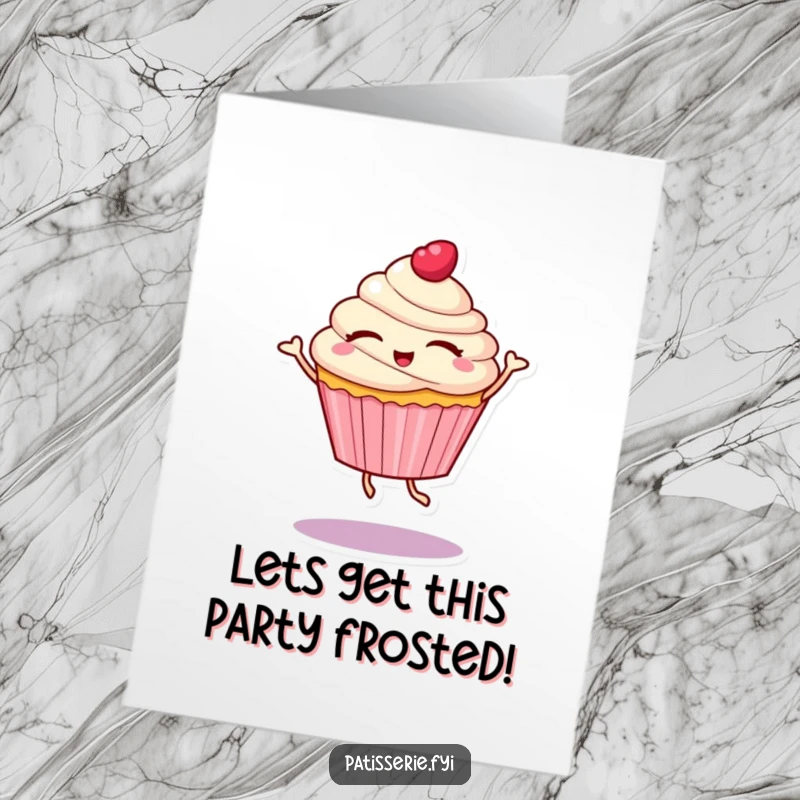 Funny free printable birthday card of a cupcake character with eyes closed, spinning joyfully in a delightful dance, full of birthday cheer.