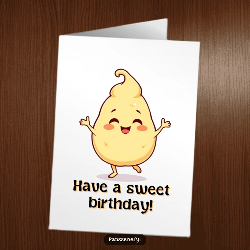 Funny Free Printable Birthday Card: A giggling profiterole character doing a hilarious jig, full of birthday cheer.