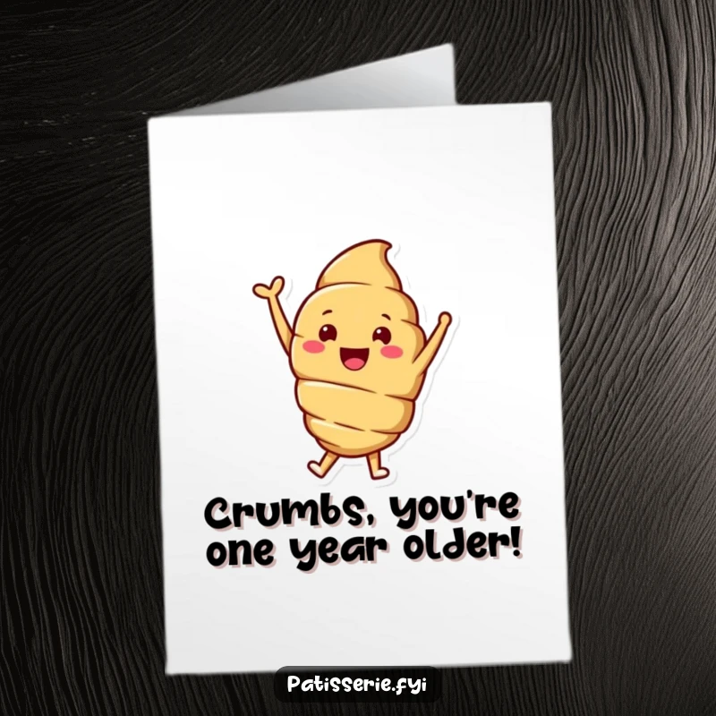 Funny Free Printable Birthday Card: A smiling croissant character leaps with joy, one arm raised high.