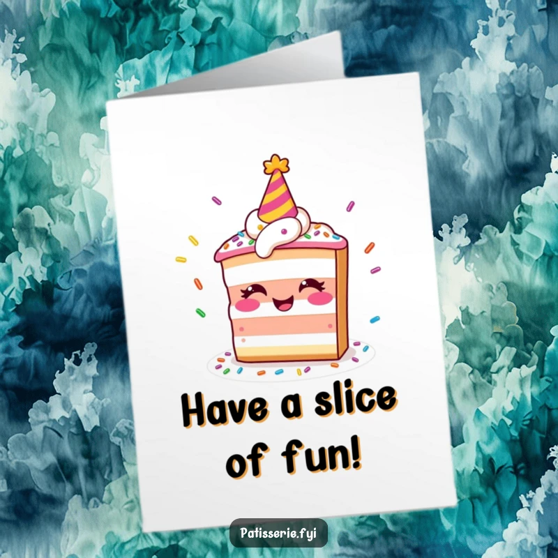 Funny Free Printable Birthday Card: A smiling cake slice in a party hat juggles colorful sprinkles with delight.
