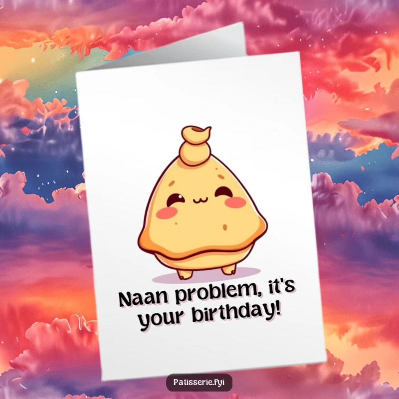Funny Free Printable Birthday Card: Samosa expertly balancing a chickpea on its nose with a mischievous grin.