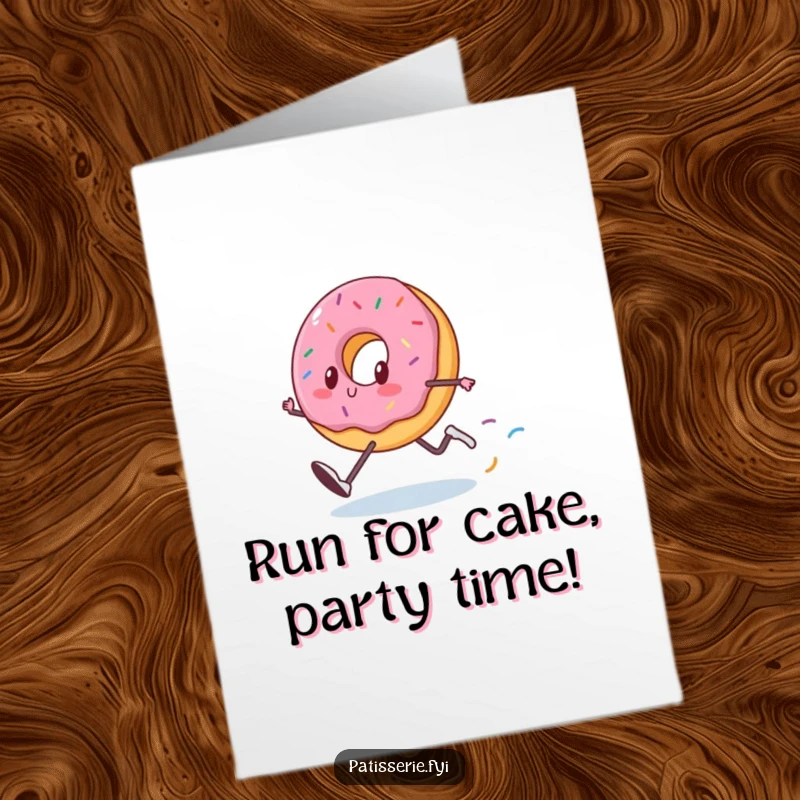 Funny Free Printable Birthday Card: A happy donut with legs sprinting, leaving a colorful sprinkle trail behind.