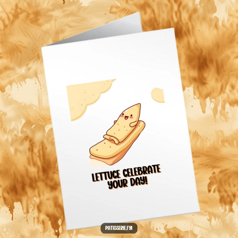 Funny free printable birthday card showing a jolly samosa comically sliding down a ramp constructed from pita bread.