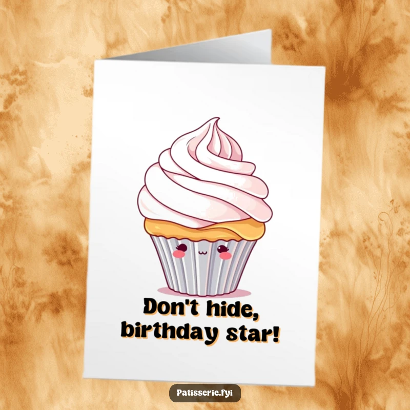 Funny Free Printable Birthday Card: Shy cupcake character peeking from beneath a huge swirl of whipped cream.