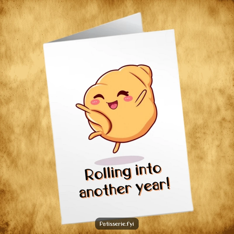 Funny Free Printable Birthday Card: A charming croissant winks while executing a flawless cartwheel, ready to celebrate.