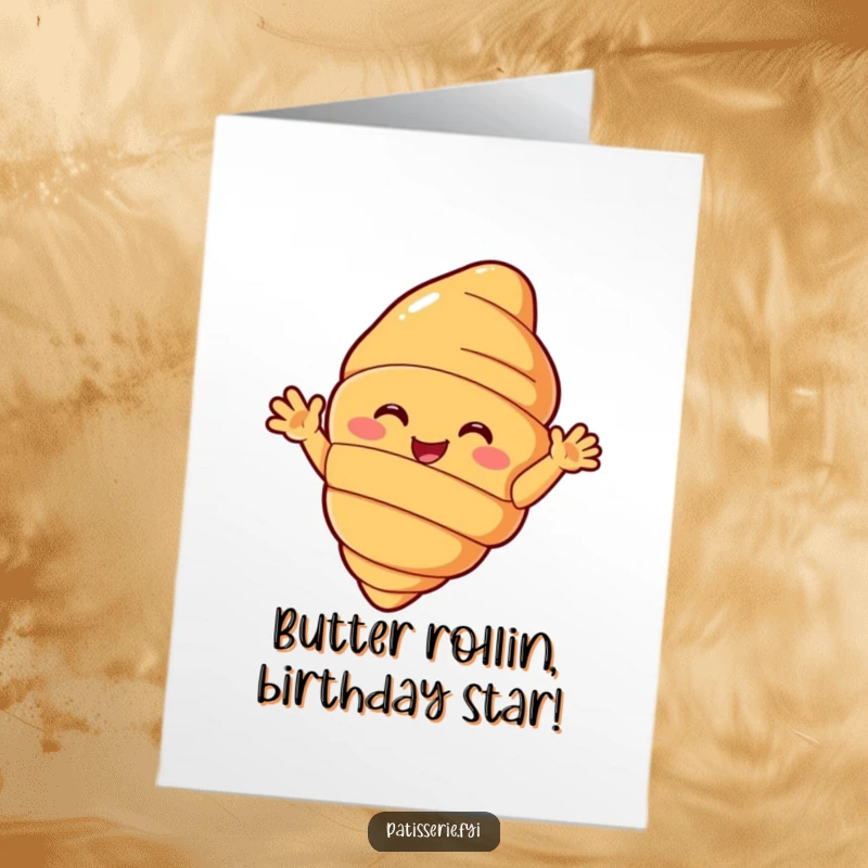 Funny Free Printable Croissant Birthday Card: A beaming pastry with tiny arms waving hello joyfully
