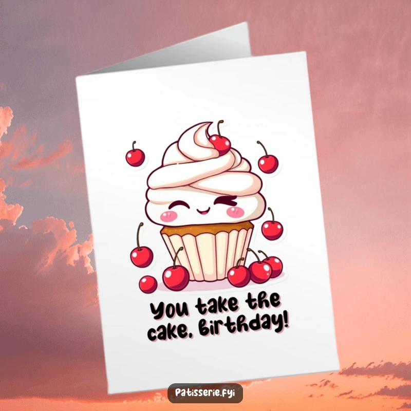 Funny Free Printable Birthday Card: Kawaii cupcake character winking cheekily, juggling tiny cherries for a birthday treat. Downloadable.