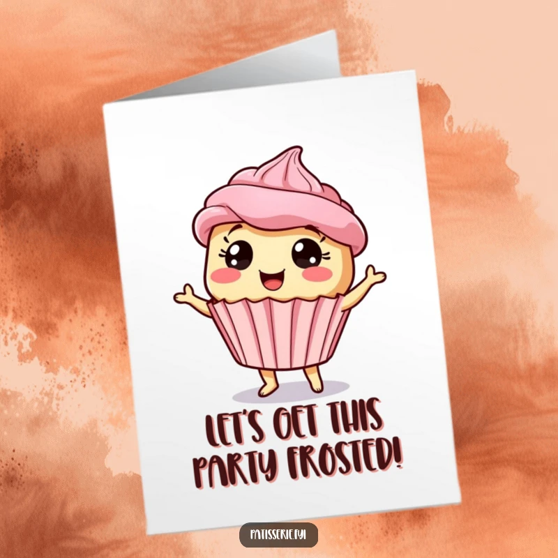 Funny Free Printable Cupcake Birthday Card: A giddy cupcake with wide eyes doing a silly dance joyfully