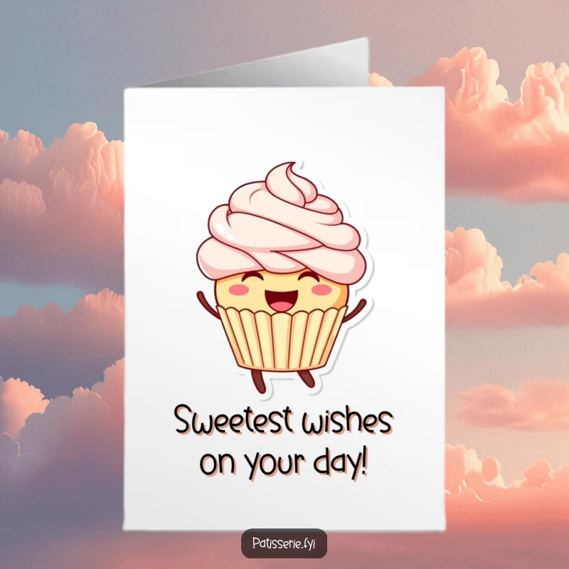 Funny Free Printable Birthday Card: A smiling cupcake with colorful frosting hair leaping with pure joy, ready to celebrate.
