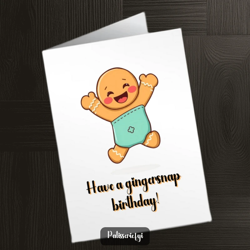 Funny Free Printable Happy Birthday card with a grinning gingerbread man joyfully jumping from an oven mitt, full of birthday spirit.