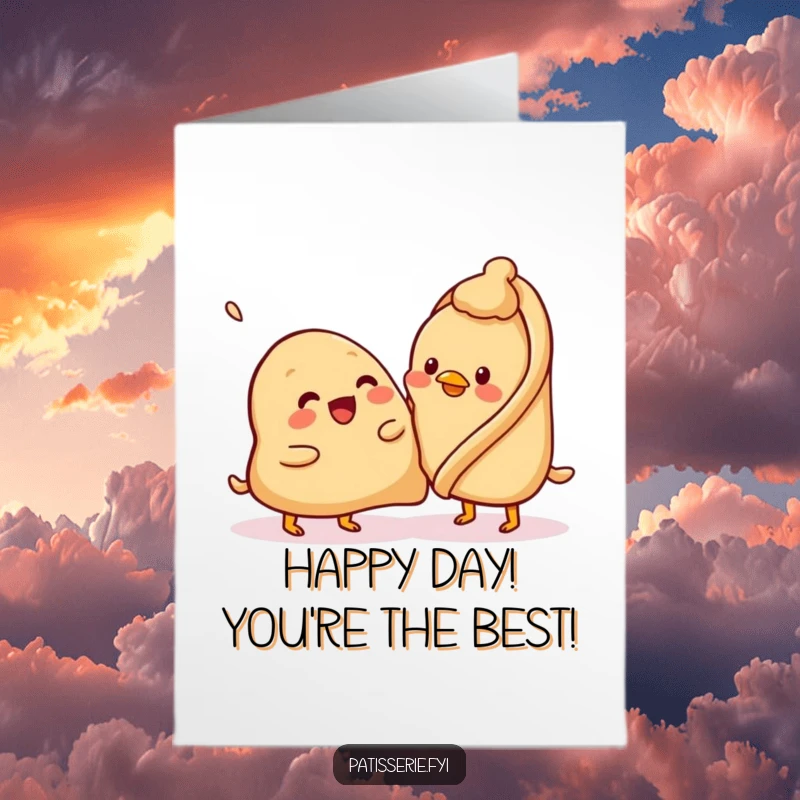Funny Free Printable Birthday Card: A beaming samosa gently trying to pat a bewildered chickpea.
