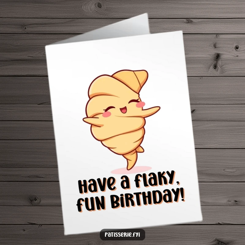 Funny Free Printable Birthday Card: A charming croissant winking as it performs a stylish cartwheel, celebrating a birthday.