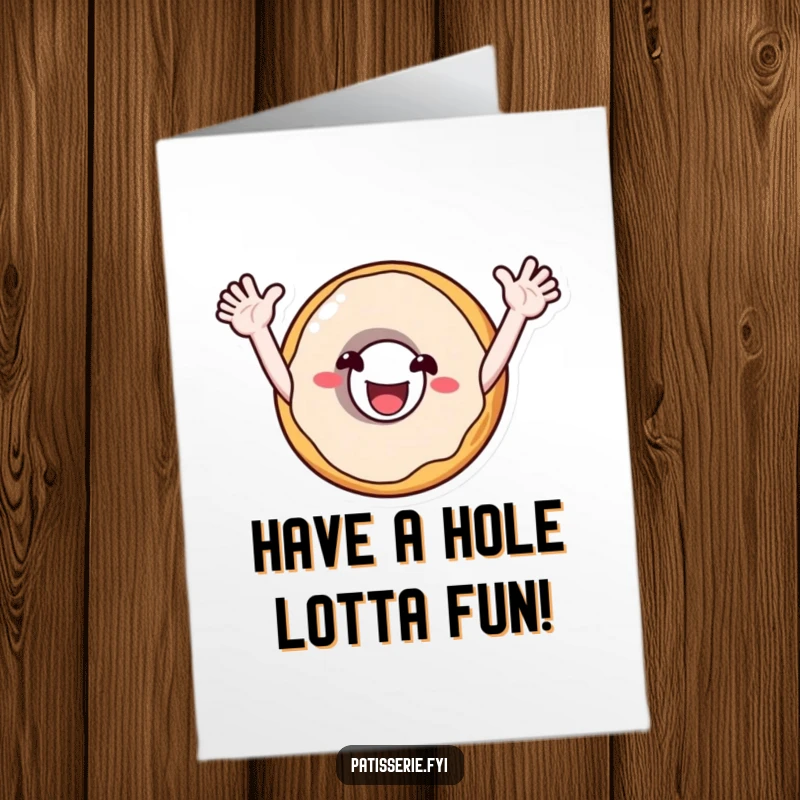 Funny free printable birthday card featuring a smiling donut character with arms outstretched, cheering enthusiastically for the celebration.